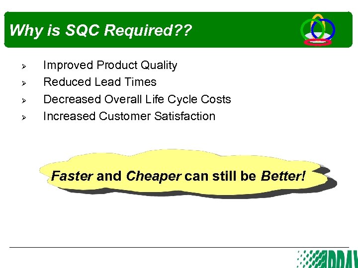 Why is SQC Required? ? Ø Ø Improved Product Quality Reduced Lead Times Decreased