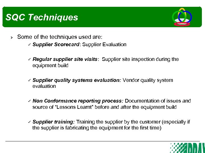 SQC Techniques Ø Some of the techniques used are: Supplier Scorecard: Supplier Evaluation Regular