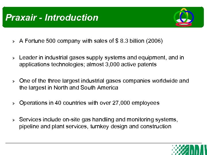 Praxair - Introduction Ø Ø Ø A Fortune 500 company with sales of $