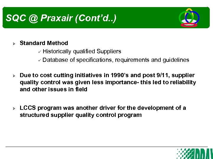 SQC @ Praxair (Cont’d. . ) Ø Ø Ø Standard Method Historically qualified Suppliers