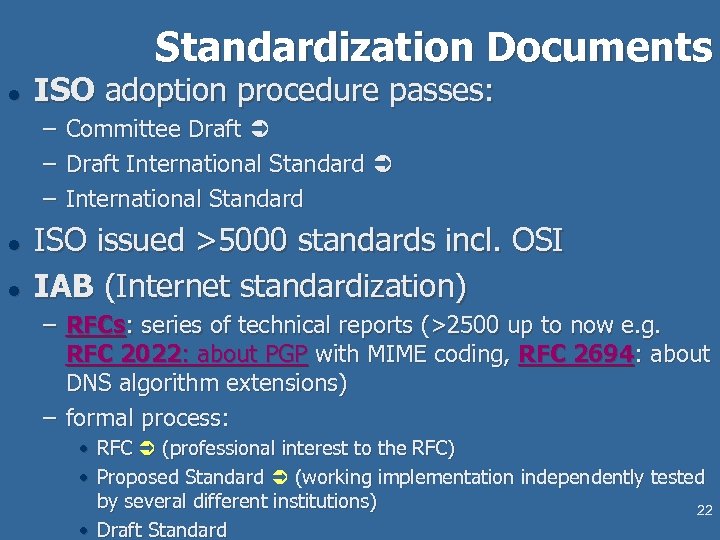 Standardization Documents l ISO adoption procedure passes: – – – l l Committee Draft