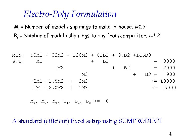 Electro-Poly Formulation Mi = Number of model i slip rings to make in-house, i=1,