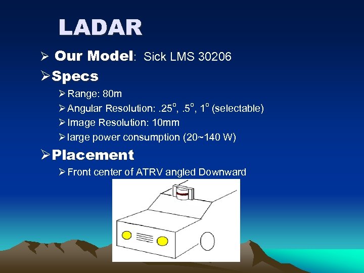 LADAR Ø Our Model: Sick LMS 30206 ØSpecs Ø Range: 80 m Ø Angular