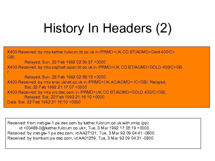 History In Headers (2) X 400 -Received: by mta kether. fulcrum. bt. co. uk