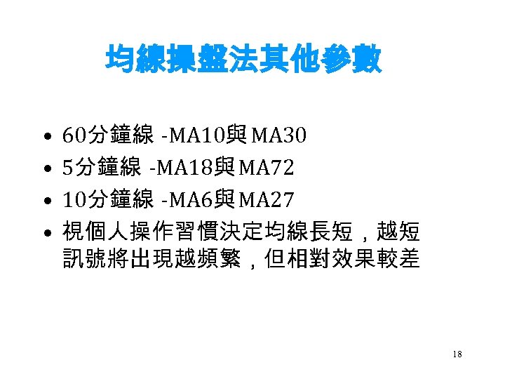 均線操盤法其他參數 • • 60分鐘線 -MA 10與 MA 30 5分鐘線 -MA 18與 MA 72 10分鐘線