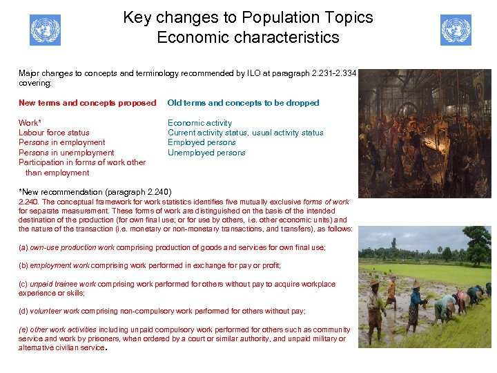Key changes to Population Topics Economic characteristics Major changes to concepts and terminology recommended