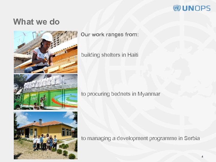 What we do Our work ranges from: building shelters in Haiti to procuring bednets