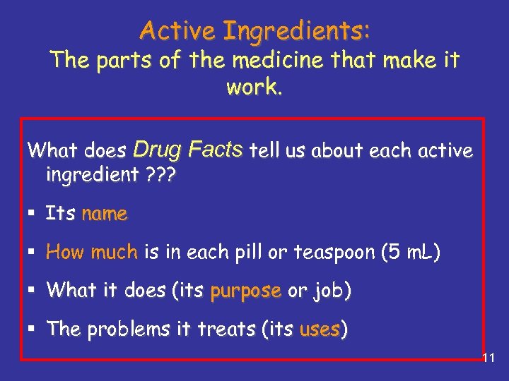 Active Ingredients: The parts of the medicine that make it work. What does Drug