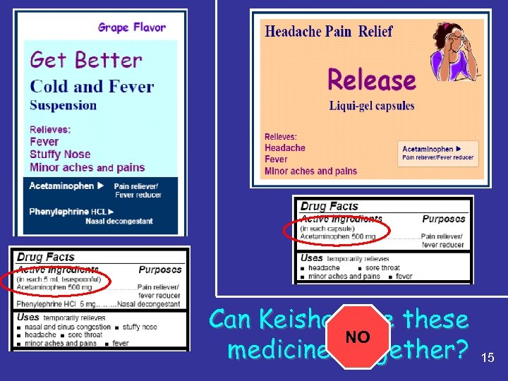 Can Keisha take these NO medicines together? 15 