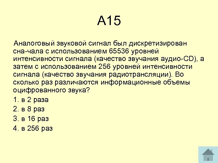 А 15 Аналоговый звуковой сигнал был дискретизирован сна чала с использованием 65536 уровней интенсивности