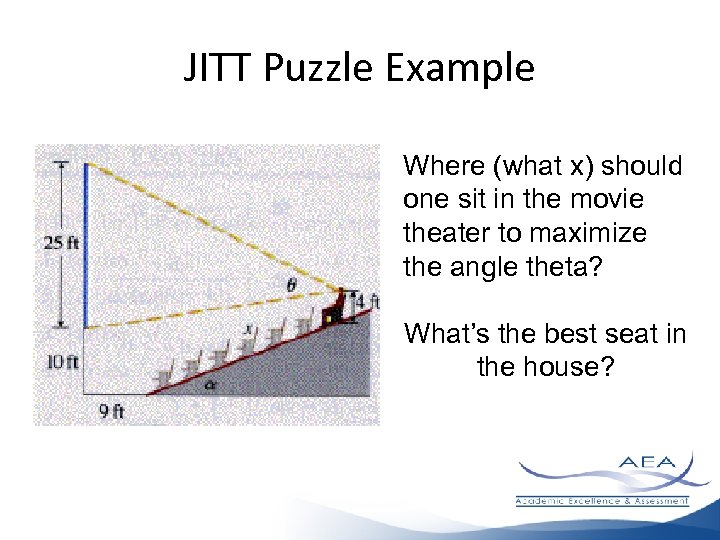 JITT Puzzle Example Where (what x) should one sit in the movie theater to