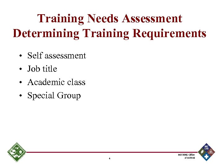 Training Needs Assessment Determining Training Requirements • • Self assessment Job title Academic class