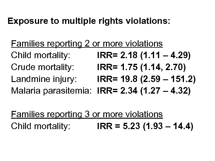Exposure to multiple rights violations: Families reporting 2 or more violations Child mortality: IRR=