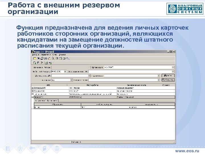 Работа с внешним резервом организации Функция предназначена для ведения личных карточек работников сторонних организаций,