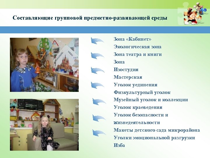 Составляющие групповой предметно-развивающей среды Зона «Кабинет» Экологическая зона Зона театра и книги Зона Изостудия