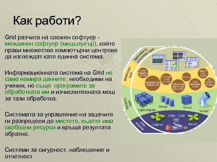 Как работи? Grid разчита на сложен софтуер - междинен софтуер (мидълуеър), който прави множество