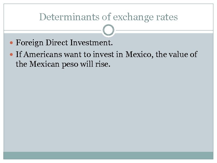 Determinants of exchange rates Foreign Direct Investment. If Americans want to invest in Mexico,