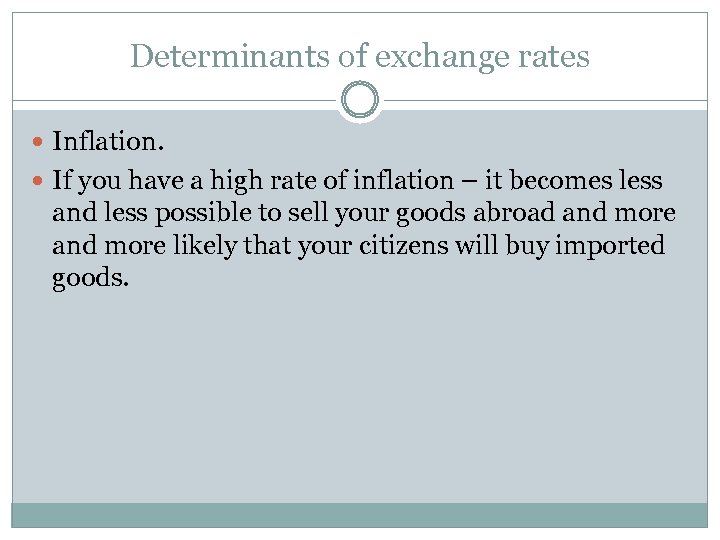 Determinants of exchange rates Inflation. If you have a high rate of inflation –