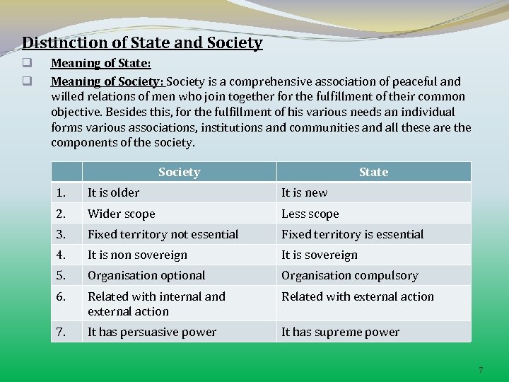 Distinction of State and Society q q Meaning of State: Meaning of Society: Society
