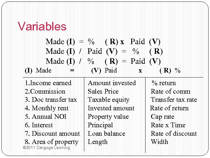 Variables Made (I) = % ( R) x Paid (V) Made (I) / Paid