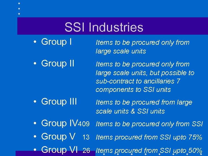 SSI Industries • Group I Items to be procured only from large scale units