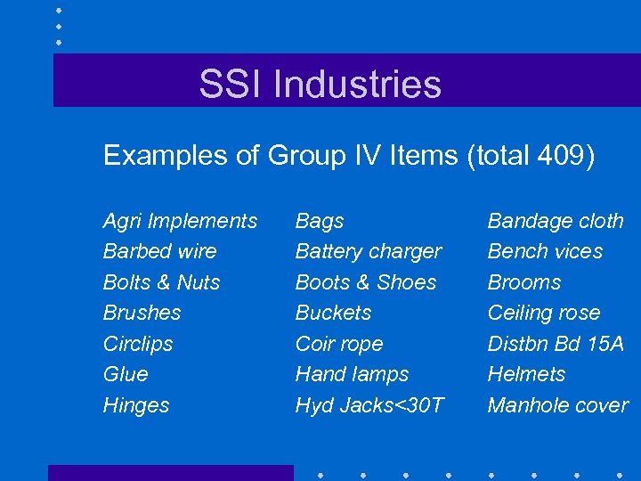 SSI Industries Examples of Group IV Items (total 409) Agri Implements Barbed wire Bolts