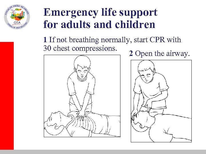 Emergency life support for adults and children 1 If not breathing normally, start CPR