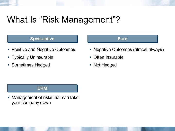 What Is “Risk Management”? Speculative Pure § Positive and Negative Outcomes § Negative Outcomes