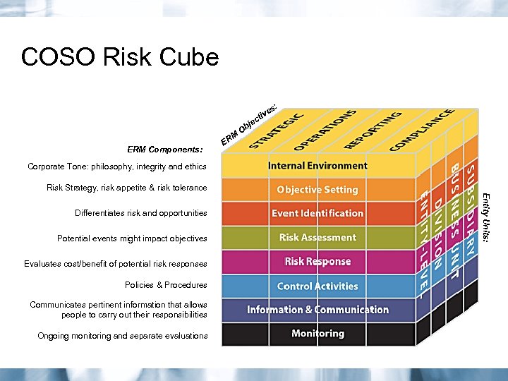 COSO Risk Cube s: e tiv ec M ERM Components: ER j Ob Corporate