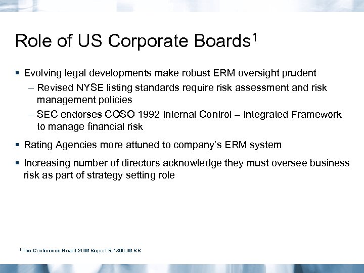 Role of US Corporate Boards 1 § Evolving legal developments make robust ERM oversight