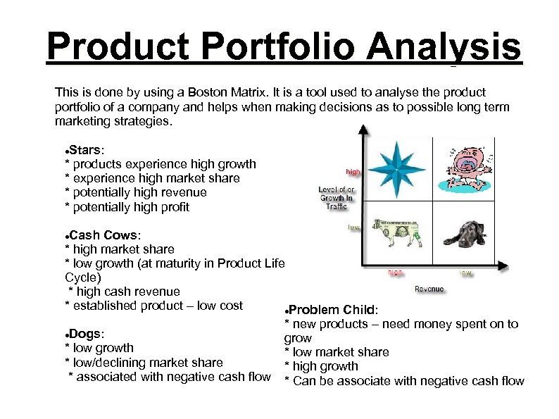 Product Portfolio Analysis This is done by using a Boston Matrix. It is a