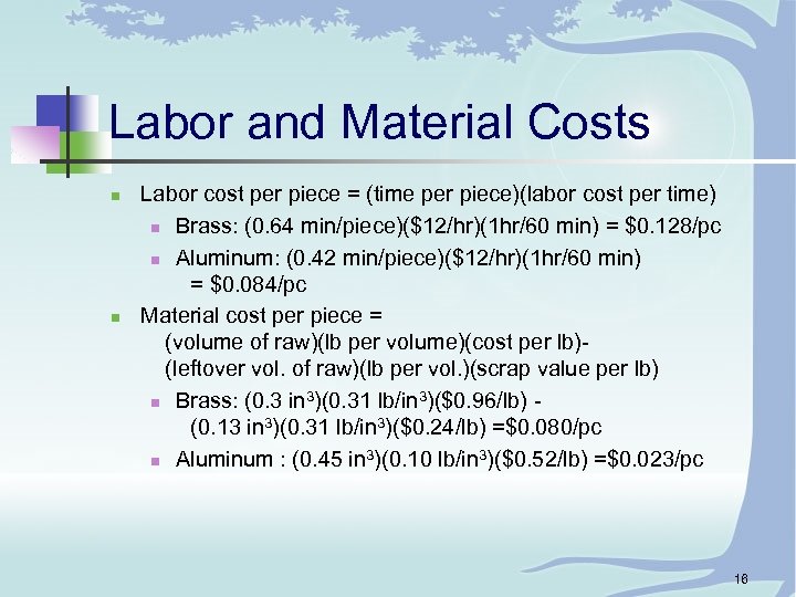 Labor and Material Costs n n Labor cost per piece = (time per piece)(labor