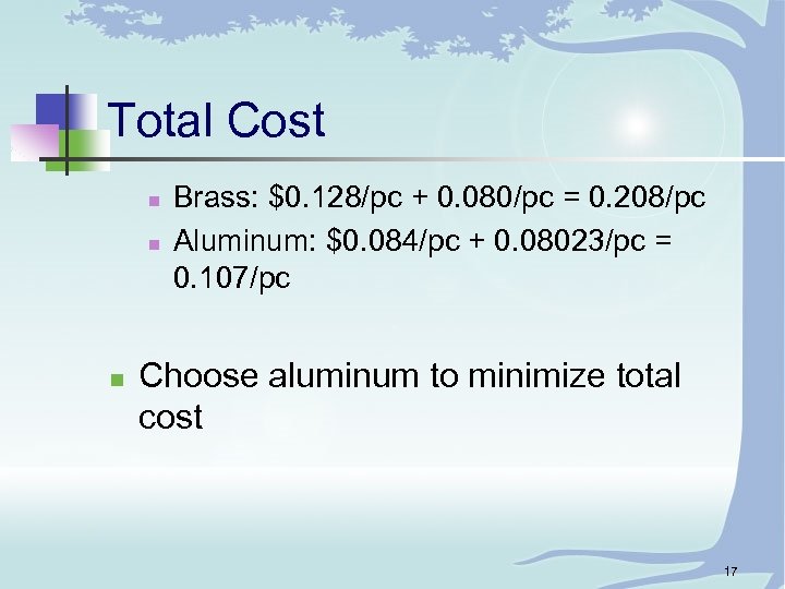 Total Cost n n n Brass: $0. 128/pc + 0. 080/pc = 0. 208/pc
