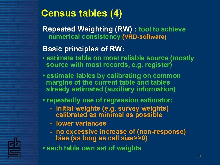 Census tables (4) Repeated Weighting (RW) : tool to achieve numerical consistency (VRD-software) Basic