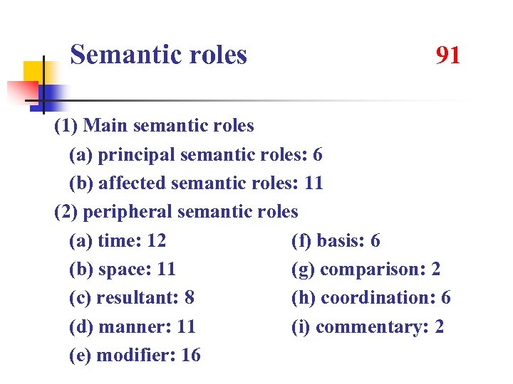 Semantic roles 91 (1) Main semantic roles (a) principal semantic roles: 6 (b) affected
