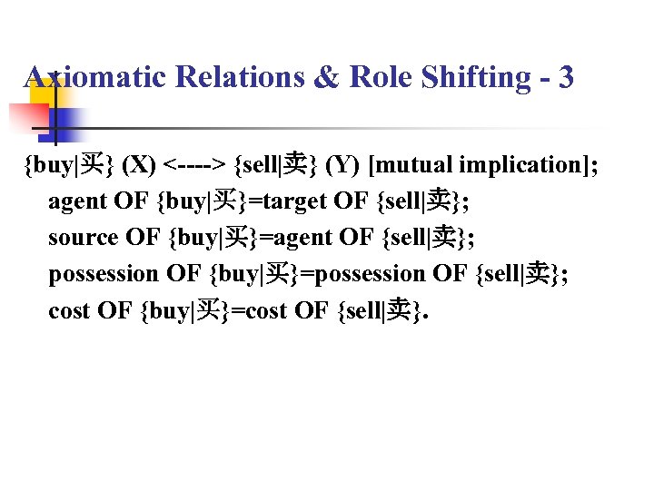 Axiomatic Relations & Role Shifting - 3 {buy|买} (X) <----> {sell|卖} (Y) [mutual implication];