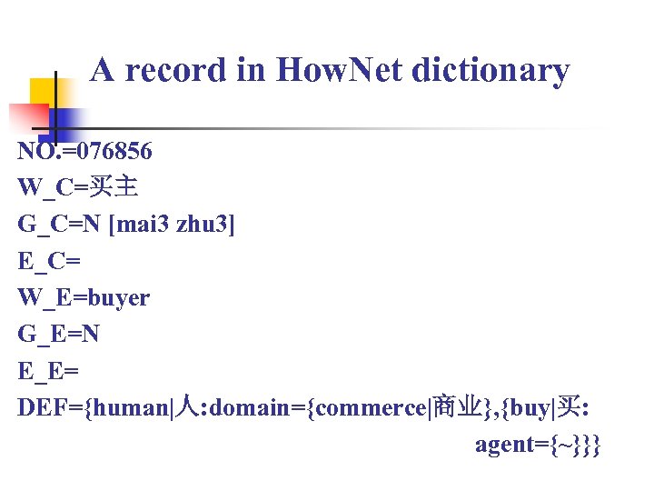 A record in How. Net dictionary NO. =076856 W_C=买主 G_C=N [mai 3 zhu 3]