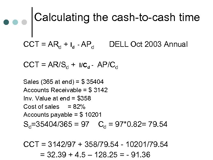 Calculating the cash-to-cash time CCT = ARd + Id - APd DELL Oct 2003