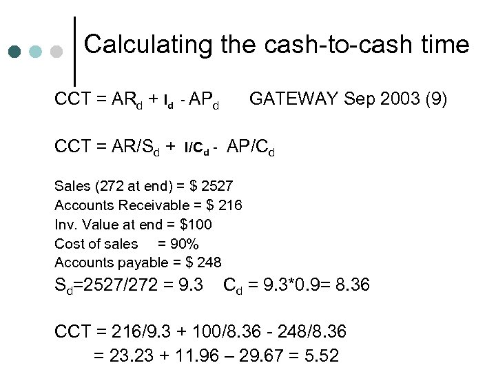 Calculating the cash-to-cash time CCT = ARd + Id - APd GATEWAY Sep 2003