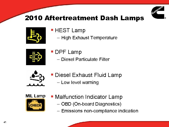 2010 Aftertreatment Dash Lamps § HEST Lamp – High Exhaust Temperature § DPF Lamp