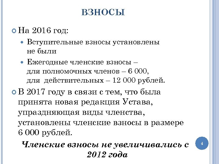 ВЗНОСЫ На 2016 год: Вступительные взносы установлены не были Ежегодные членские взносы – для