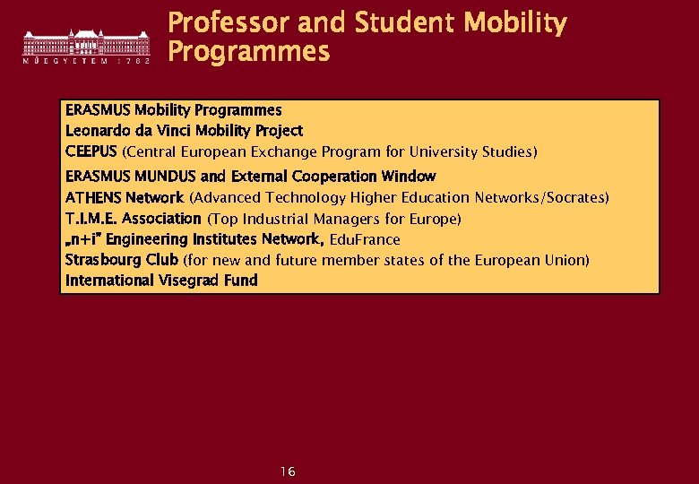 Professor and Student Mobility Programmes ERASMUS Mobility Programmes Leonardo da Vinci Mobility Project CEEPUS