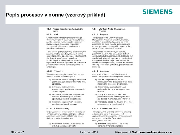 Popis procesov v norme (vzorový príklad) Strana 27 Február 2011 Siemens IT Solutions and