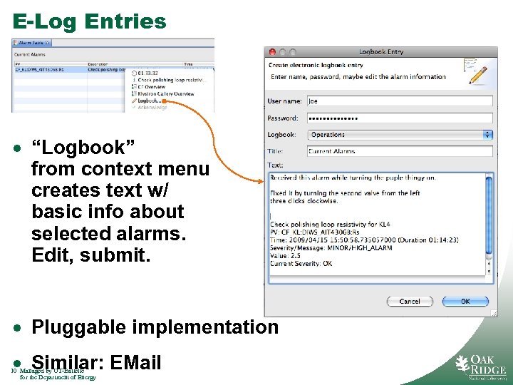 E-Log Entries · “Logbook” from context menu creates text w/ basic info about selected