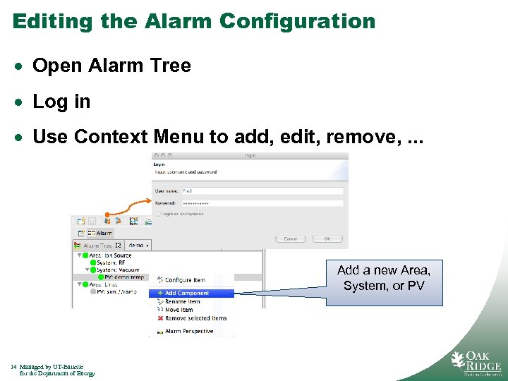 Editing the Alarm Configuration · Open Alarm Tree · Log in · Use Context