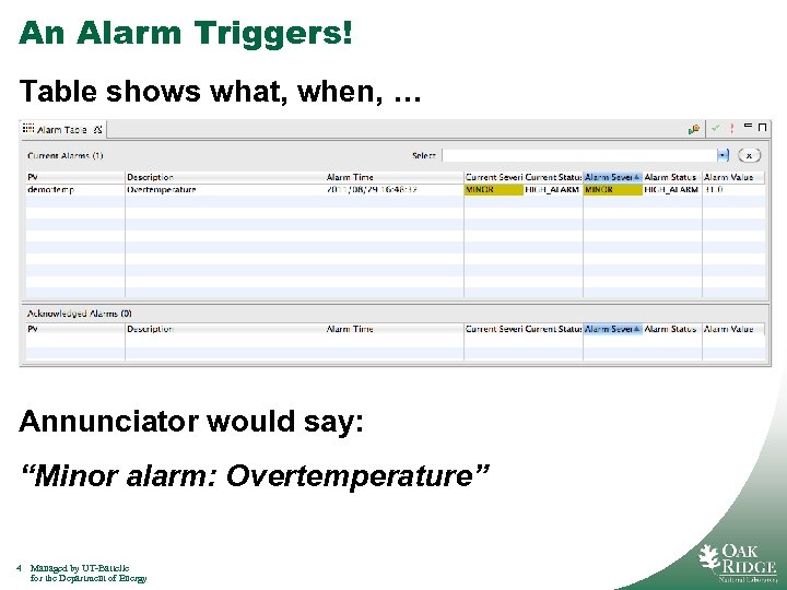 An Alarm Triggers! Table shows what, when, … Annunciator would say: “Minor alarm: Overtemperature”