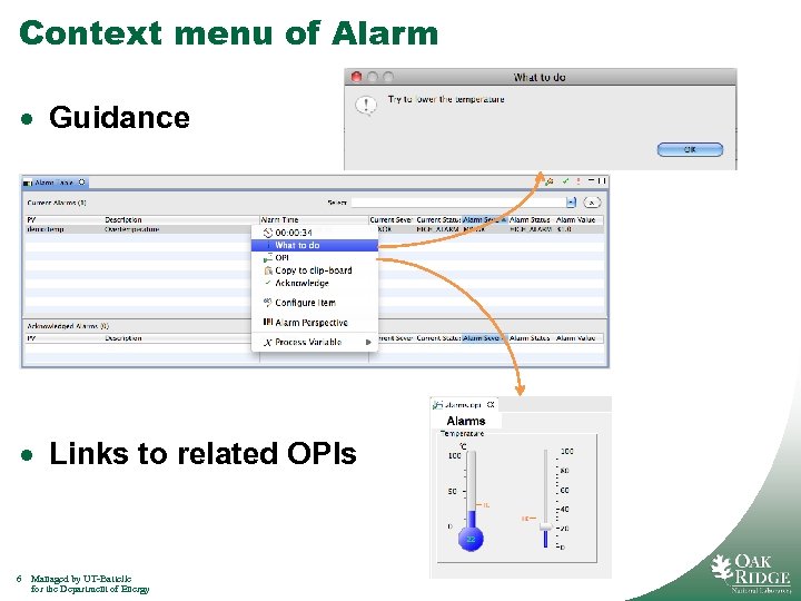 Context menu of Alarm · Guidance · Links to related OPIs 6 Managed by