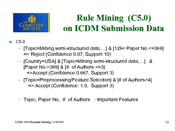 Rule Mining (C 5. 0) on ICDM Submission Data n C 5. 0 –