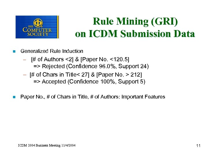 Rule Mining (GRI) on ICDM Submission Data n Generalized Rule Induction – [# of