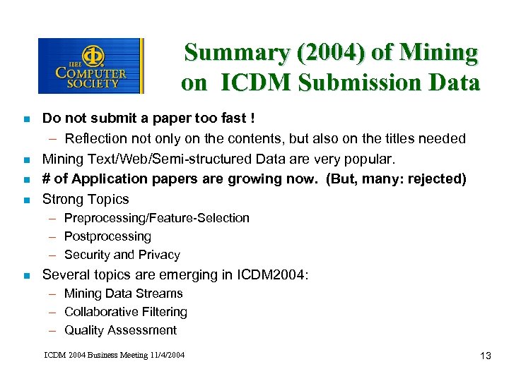 Summary (2004) of Mining on ICDM Submission Data n n Do not submit a